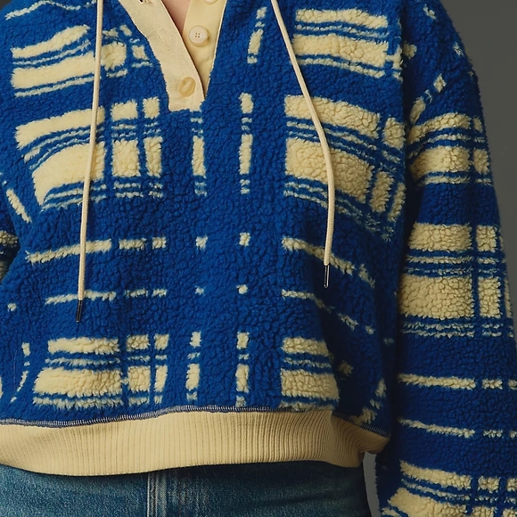 NWT Anthropologie Porridge Quinn Sherpa Fleece Blue Cream Sporty Hoodie - Picture 4 of 15